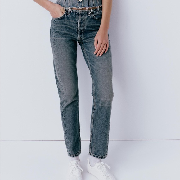 NWT ZARA EXTRA LONG MID-RISE TRF STRAIGHT LEG METALLIC JEANS - Picture 2 of 5